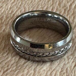 Men’s Tungsten Carbide Ring Braided Center Band Wedding Band Size 8 Silver Tone